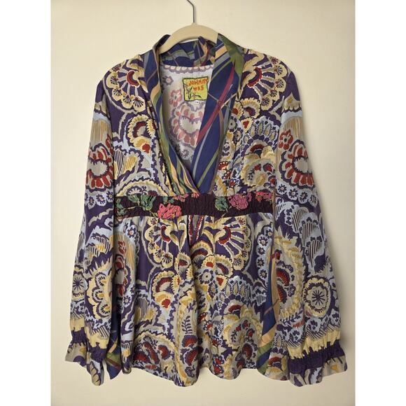 Johnny Was Size XS Multi Color Silk Tunic Top Empire Waist V-Neck Boho Womens